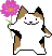 A simple pixel art gif of a calico cat dancing, holding a pink flower.