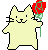 A simple pixel art gif of a cream coloured cat dancing, holding a red rose.