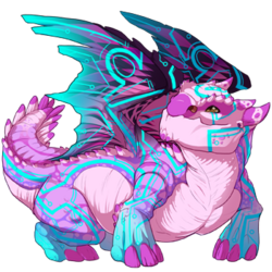 A large, stocky dragon with a mostly pink body and wings, and accents of blue and purple.