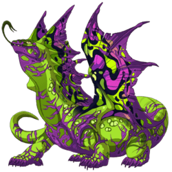 A lizard-like dragon with a green body, green and purple marbled wings, and purple accents.