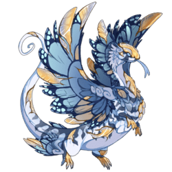 A slender, feathered dragon with a pale blue body, darker butterfly wings, and golden crystal accents.