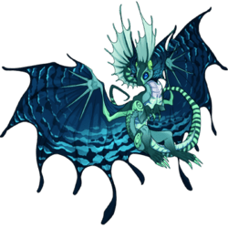 An insect-like dragon with a blueish green stripy body, blue wings which have a rippling pattern, and a translucent underbelly.