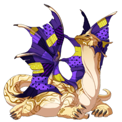 A lizard-like dragon with a cream coloured body that has swirls of light brown, a lighter underbelly, and purple and yellow patchwork wings.