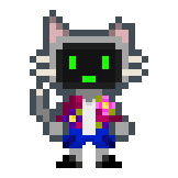 Simplistic pixel art of an anthro gray cat with a computer screen for a face. It's wearing a pink hawaiian shirt and blue shorts.