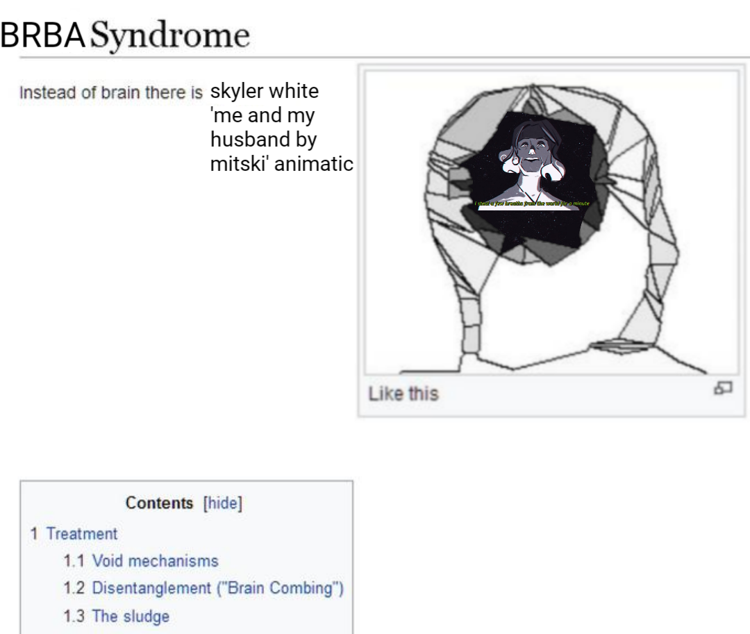 An edit of the 'dark orb' meme, showing a wikipedia page titled 'BRBA Syndrome.' Below is text which reads 'Instead of brain there is Skyler White Me and My Husband by Mitski animatic. Beside the text is a screenshot of the animatic edited onto the dark orb in the head.